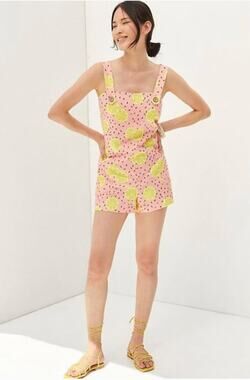 Hutch Anthropologie PInk Yellow Watermelon Lemon Print Short Overalls Romper XS